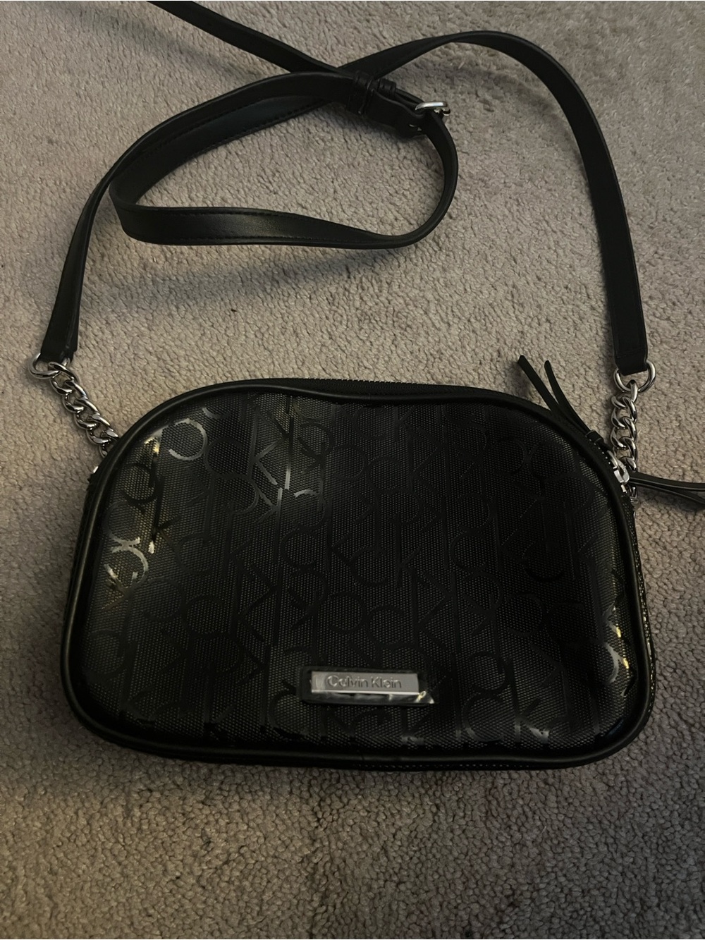 Calvin Klein Black Logo Pattern Crossbody with Silver Accents
